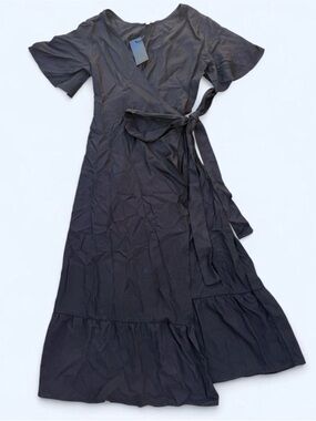 NWT Vetta Black Midi Wrap Dress Flutter Sleeve Formal Women’s Size Small